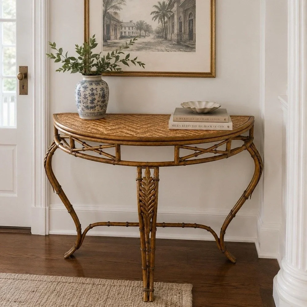 Vintage Regency Faux Bamboo Demilune Console Table Woven Metal Charleston Estate